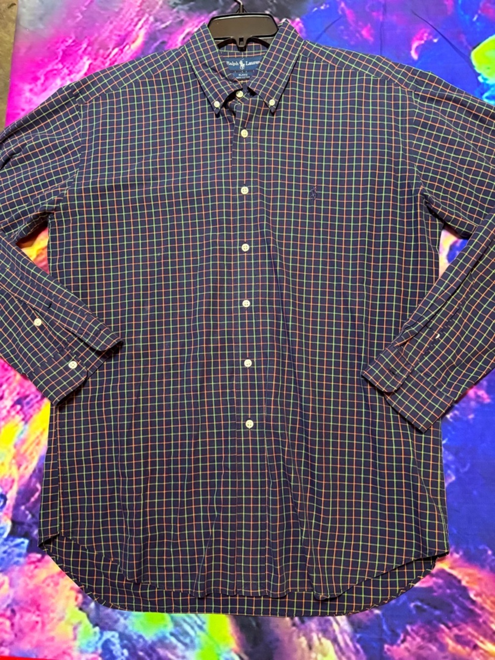 Polo by Ralph Lauren Navy Button-Down Shirt with Red & Green Windowpane